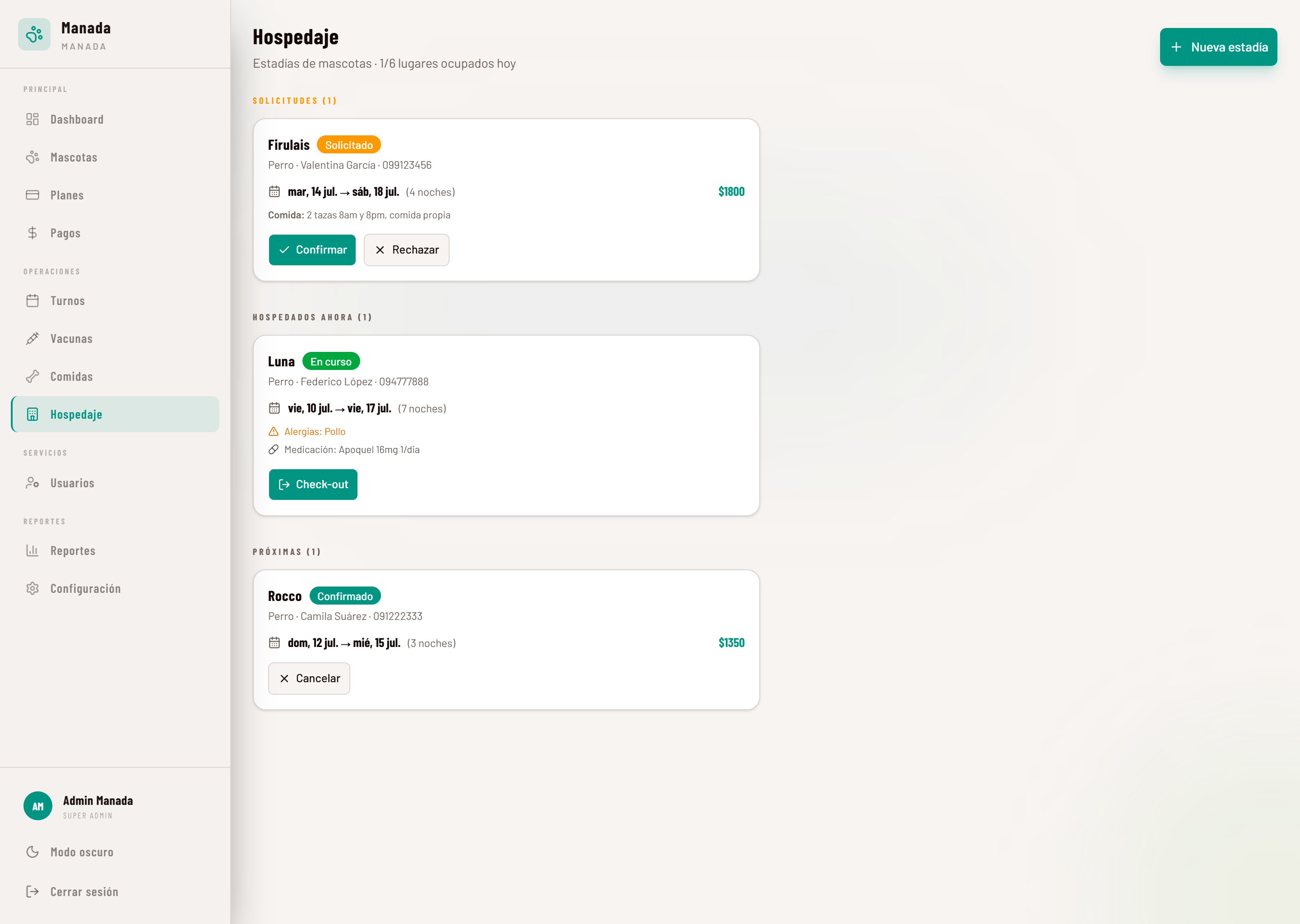 Panel de hospedaje en Manada: solicitudes de estadía para aprobar o rechazar, mascotas hospedadas ahora con sus alergias y medicación, y próximas entradas con check-in