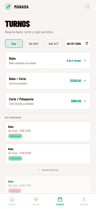 App del dueño, tab Turnos: servicios con cupo del plan, reservas confirmadas e historial de servicios